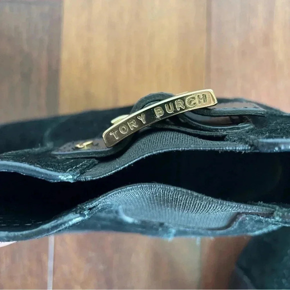 Tory Burch Suede Ankle Boots Wedge Heel Black Leather Gold Buckle Womens 9 - Picture 6 of 11